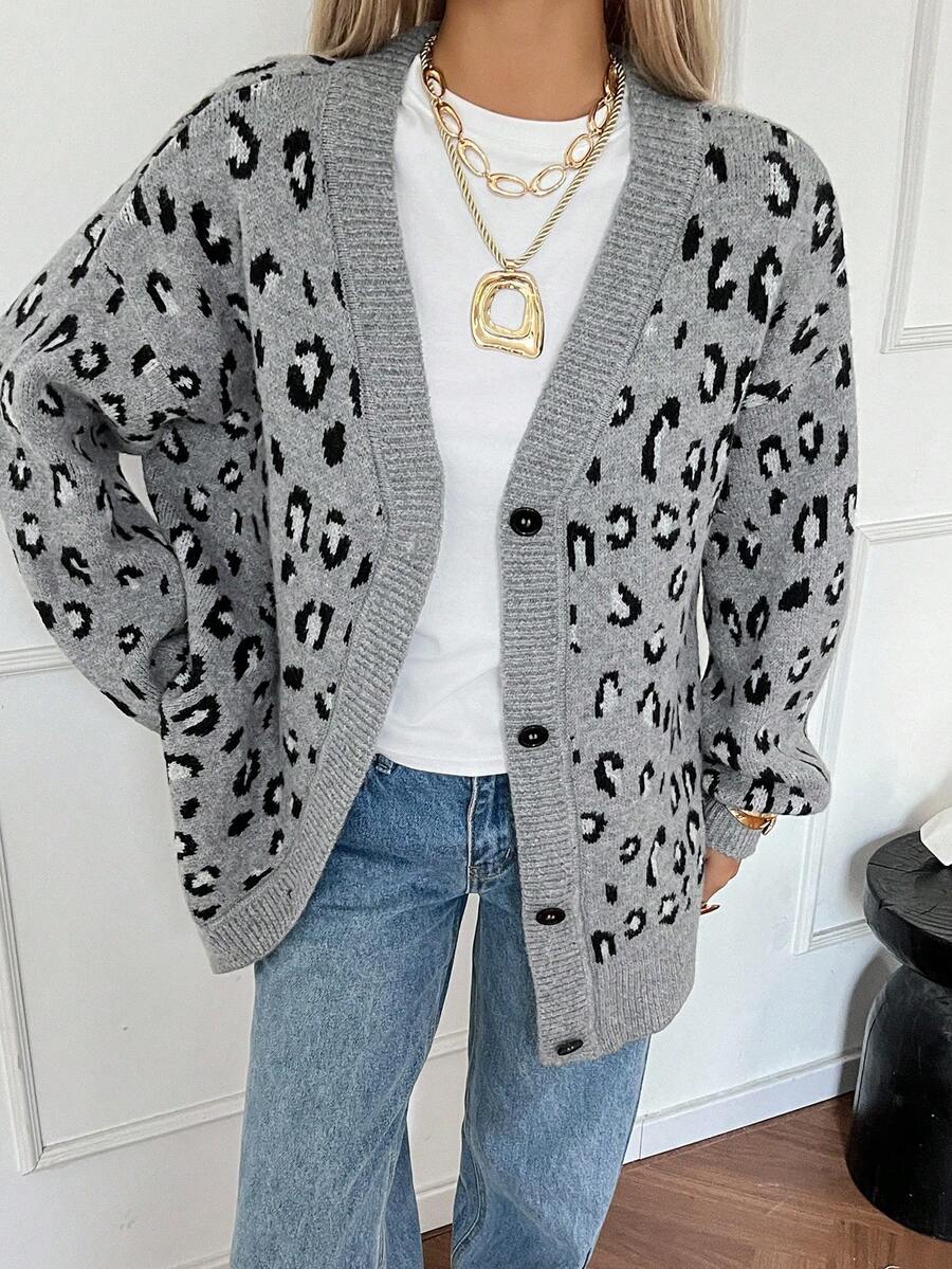 DAZY 女式V领豹纹宽松休闲街头风开衫