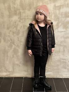 SHEIN 女童拉链连帽毛绒衬里棉衣 女童外套 儿童女童外套 儿童女童冬季夹克 儿童黑色外套