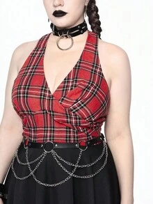 ROMWE Grunge Punk Đầm xòe kim loại họa tiết kẻ sọc đỏ cổ điển Grunge-Punk cỡ lớn, viền ngực bất đối xứng, eo, váy dài thời trang cổ điển dành cho nữ cỡ lớn, váy Halloween & thường ngày cho nữ cỡ lớn - Nhiều màu - Xem 7