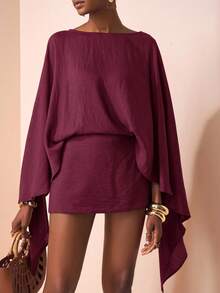 Zivah 2025秋冬新款通勤优雅休闲度假宽松棕色长袖衬衫+迷你裙裤子女两件套，旅行，通勤，派对，度假，老款风格，购物，宴会，优雅，聚会，约会，休闲-A - 酒紅色 - 查看 3