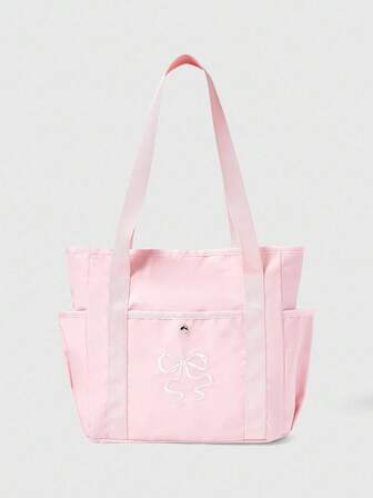 Kawaii Borsa a tracolla in nylon con ricamo a fiocco per donna, borsa impermeabile per pendolari, borsa con cerniera nera con ampia capacità, adatta per racchetta da badminton, ritorno a scuola