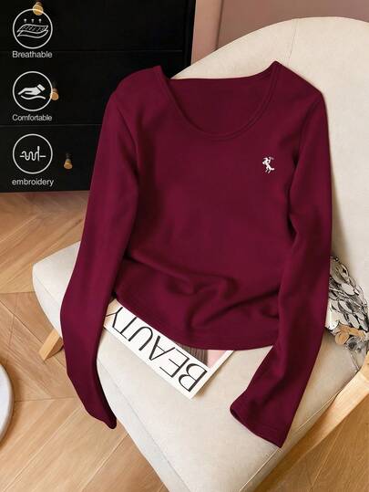 Franclia 刺绣时尚简约圆领长袖 T 恤，送给朋友的礼物