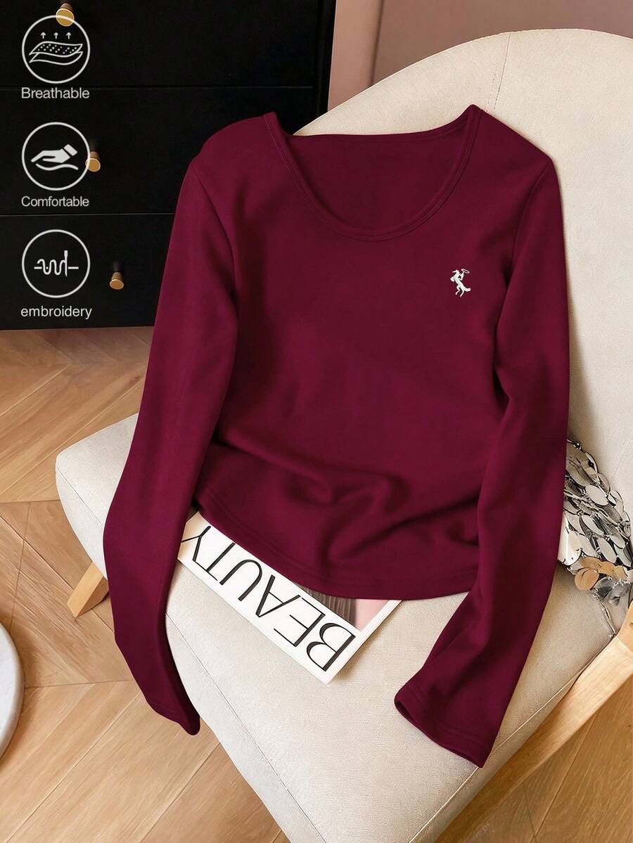 Franclia Embroidered Fashionable Minimalist Crew Neck Long Sleeve T-Shirt, Gift For Friends - Burgundy - View 1