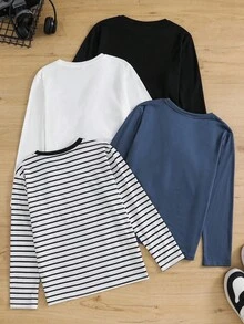 SHEIN 青少年男童休闲条纹骑士图案长袖T恤 - 霧霾藍 - 查看 2