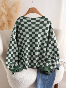 CosyJoli 大码女式圆领落肩长袖系带休闲千鸟格针织开衫 - 墨綠色 - 查看 3