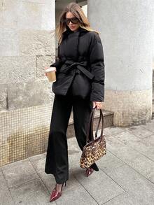 SHEIN BAE Women's Solid Color Criss-Cross Wrap Warm Padded Coat, Winter Fashion Winter Coats For Women Women Outerwear,Fall/Winter Style Casual Jacket Perfect For Keeping Warm While Out And About During Fall And Winter,Women's Halloween Costume