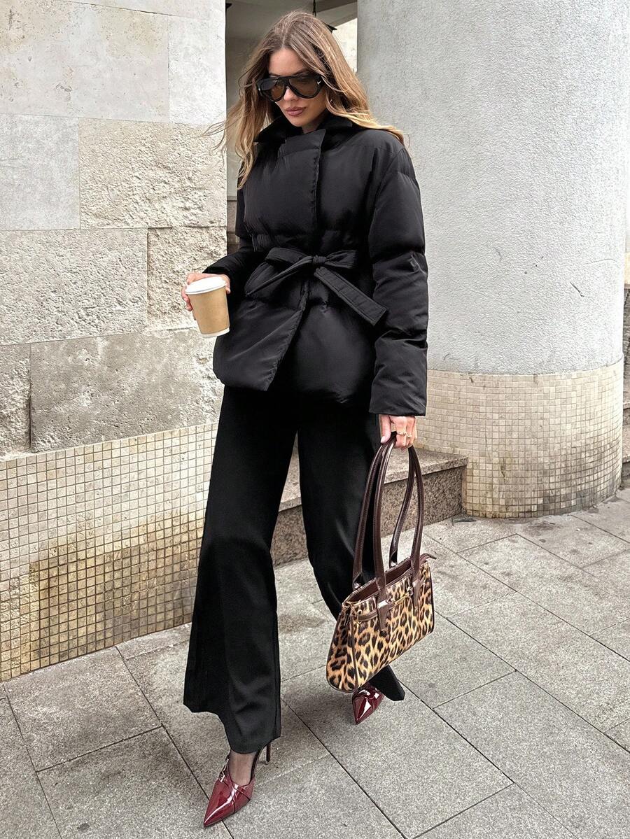 SHEIN BAE Women's Solid Color Criss-Cross Wrap Warm Padded Coat, Winter Fashion Winter Coats For Women Women Outerwear,Fall/Winter Style Casual Jacket Perfect For Keeping Warm While Out And About During Fall And Winter,Women's Halloween Costume