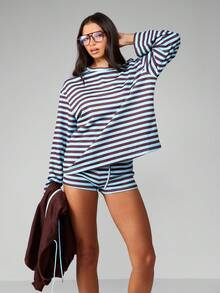 MISSGUIDED Casual Striped Co Ord Set Long Sleeve Knit Top With High Rise Cycling Shorts For Women Autumn Streetwear Winter Loungewear