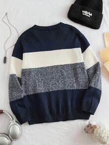 Tween Boy Casual Colorblock Crew Neck Loose Knit Sweater, Autumn/Winter - Navy Blue - View 2