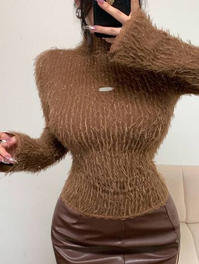 DAZY Women's Solid Color Shiny Velvet Turtleneck Fitted Casual Long Sleeve Top, Autumn/Winter