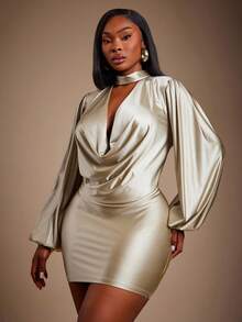 SHEIN SXY Váy tay đèn lồng cổ bèo kim loại thời trang gợi cảm cỡ lớn - Rượu sâm banh - Xem 3