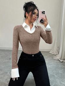 Elenzga 学院风拼接 Polo 领二合一长袖 T 恤，女士修身套头衫，秋冬春季新品 - 卡其色 - 查看 3