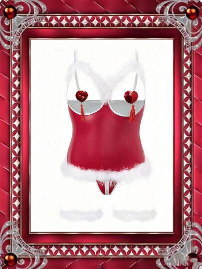 3pcs Red & White Contrast Hollow Sheer Fuzzy Trim Bodysuits, Plus Size Sexy Nurse Costume For Christmas, Roleplay Lingerie