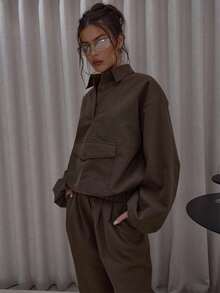 MUSERA 领口细节尼龙口袋收紧弹力下摆防风上衣（仅上衣）街头风可爱优雅休闲性感外出秋季圣诞节圣诞节，优雅节日，假日，派对