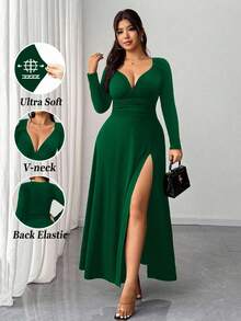Elenzga Plus Size Women's Elegant Solid V-Neck High Stretch Bodycon Long Sleeve Party Dress, Fashionable Split Design, Versatile - Green - View 1