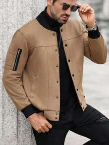 Manfinity CasualCool 男士休闲时尚街头拉链袖袋单排扣棒球夹克，秋季 - 卡其色 - 查看 1