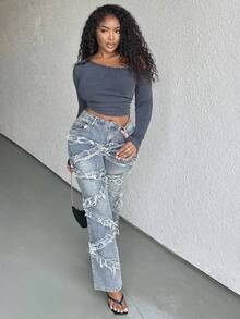 Alexandranx Quần Jeans Denim Rách Rách Phong Cách Đường Phố Thường Ngày Cho Nữ - Màu xanh lam - Xem 5