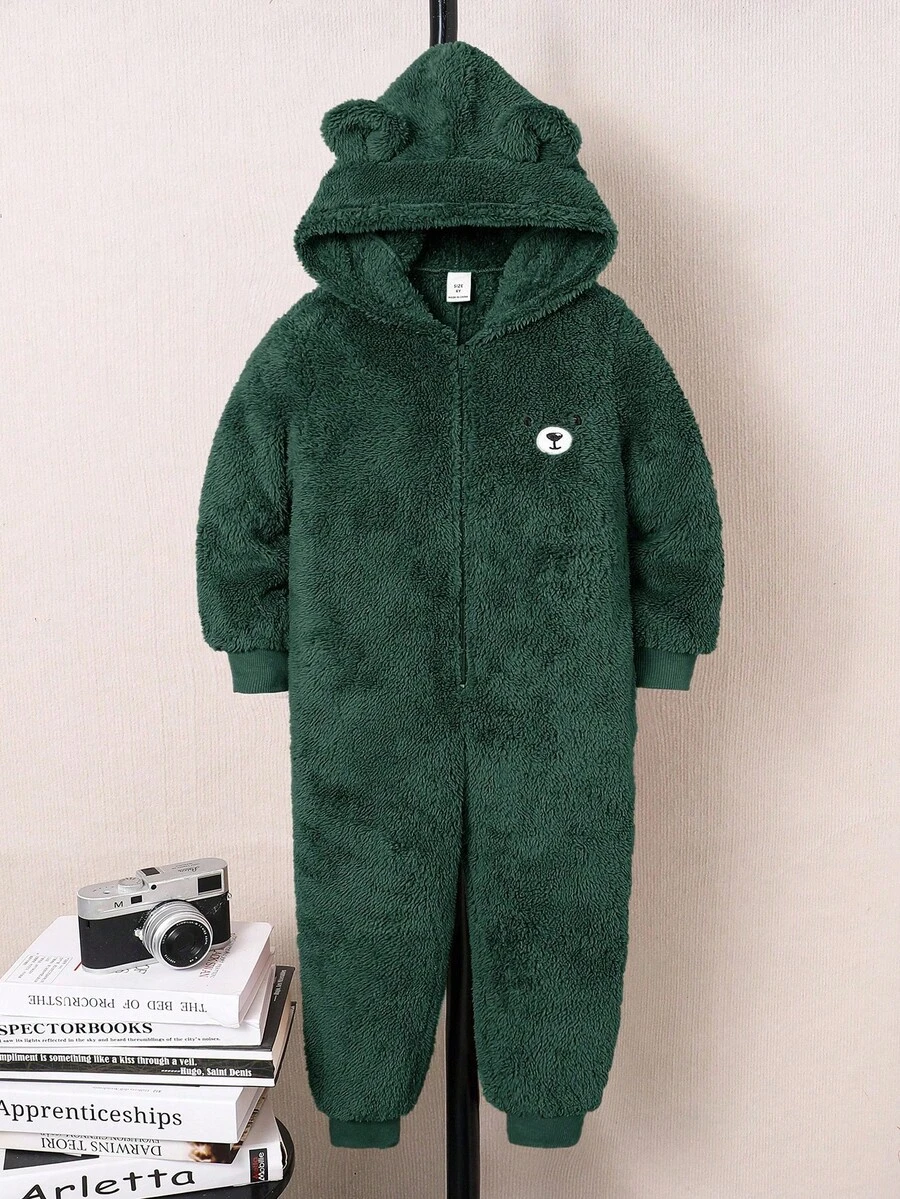 SHEIN 儿童男童休闲可爱熊刺绣卡通帽款毛绒长袖连体裤，适合上学、花园、海滩、生日、春季、夏季、秋季、冬季 - 墨綠色 - 查看 1