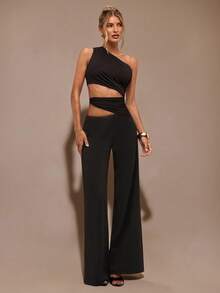 SHEIN BAE Bộ đồ liền thân ống rộng cắt xẻ bất đối xứng dành cho nữ, trang phục thanh lịch khi đi chơi hàng ngày, hẹn hò, tiệc tùng, thu/đông - màu đen - Xem 6