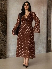 Roveilla 大码 V 领喇叭袖雪纺波点腰连衣裙，春秋 - 咖啡棕 - 查看 6