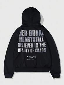 ROMWE MEN Street Life Men's Casual Eye & Letter Graphic Hoodie Sweatshirt, Autumn, Long Sleeve Top - Black - View 2