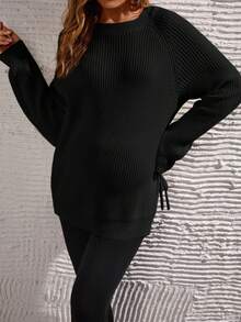 SHEIN Pull tricoté à fente latérale avec nœud, couleur unie, décontracté, pour la maternité, automne/hiver - Noir - Voir 3