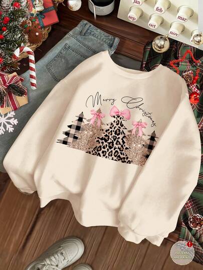 SHEIN Happikins Christmas Series, Cream & Pink Bow, Glitter Gold & Leopard Print Christmas Tree Pattern, Tween Girls Casual Minimalist Thick Soft Comfortable Loose Long Sleeve Crew Neck Sweatshirt, Suitable For Autumn/Winter Everyday Wear