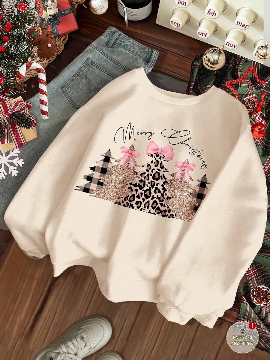 SHEIN Beige,Autumn,Cute,Matching Family Tween Girls Happikins Christmas Tree Pattern Sweatshirt,Glitter Gold Leopard Print Crew Neck Soft Loose Long Sleeve - Beige - View 1