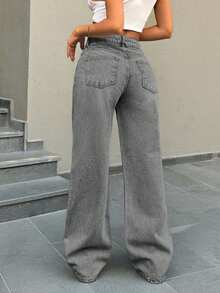 EURMUSE Low Waist Button Detailed Snow Wash Straight Cut Jean - Grey - View 2