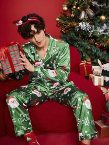 Notgurli 2件套圣诞主题印花卡通趣味圣诞老人缎面舒适家居睡衣套装，礼盒包装，内含拐杖糖、铃铛、雪花、雪人图案，适合家庭聚会、男士休闲服、秋冬服装 - 彩色 - 查看 6