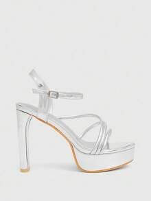 CUCCOO LuxiPop Round Toe Thick Heel Thin Strap Knotted Fashion Women's High Heel Sandals - Silver - View 3