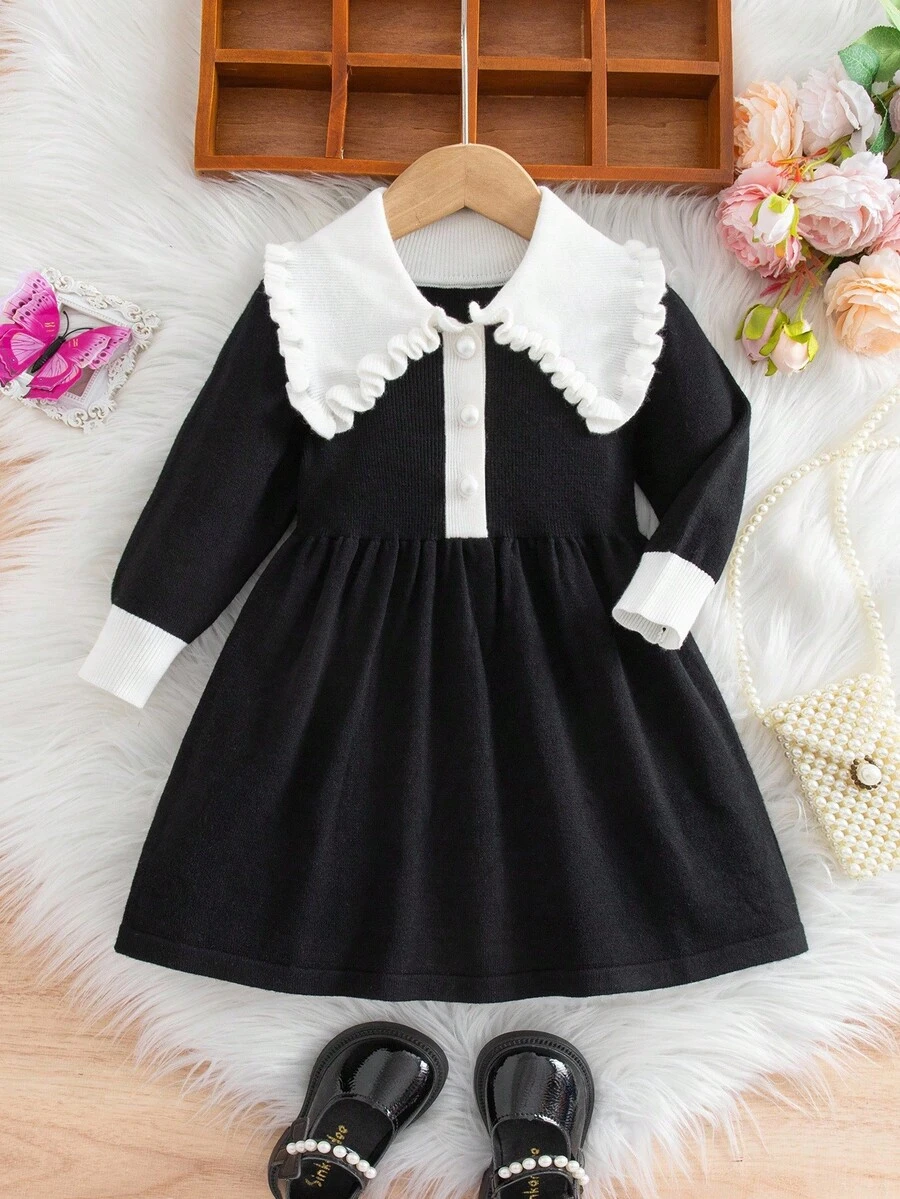 SHEIN Gaun Rajut Lucu Lengan Panjang dengan Kerah dan Kancing Desain Blok Warna untuk Bayi Perempuan, Musim Gugur/Musim Dingin - Hitam dan Putih - View 1