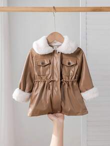 SHEIN Baby Girl Khaki Casual Thermal Lined Turndown Collar Jacket, Autumn/Winter - Khaki - View 6