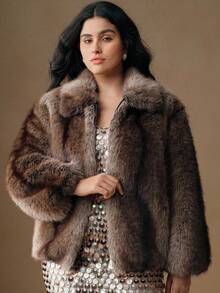 Anewsta Plus Size Women Retro Faux Fur Zipper Jacket - Brown - View 7