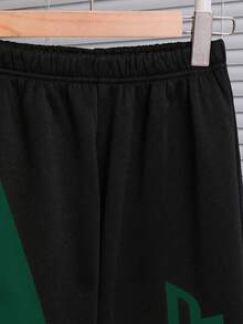 SHEIN Tween Boy 荧光绿色连帽衫和黑色宽松字母图案裤子 2 件套休闲运动服套装，适合户外、学校 - 墨綠色 - 查看 8