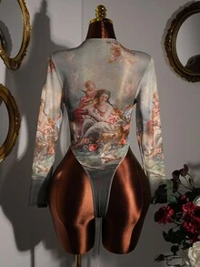 Amplova Y2K Retro Romance Plus Size Women Elegant Vintage Figure Print Bodysuit See Through Top See Through Shirt Vintage Clothes - Multicolor - View 2