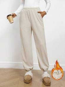 SHEIN LUNE Pantalones jogger casuales de mujer con cintura elástica, bolsillos y forro térmico, para otoño/invierno - Albaricoque - Ver 1