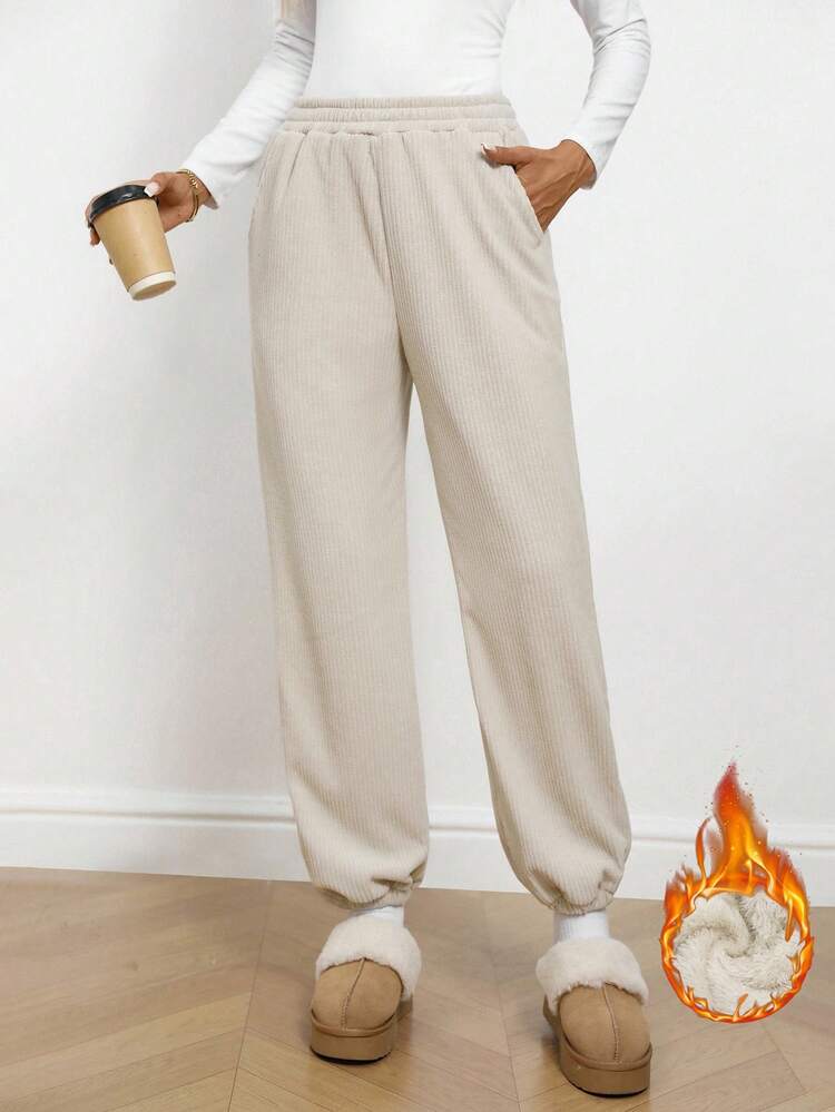 Women's Solid Color Elastic Waist Pockets Thermal Lined Casual Jogger Pants, Autumn/Winter Knit Pants Baggy Sweats Comfy Pants Wide Leg Sweatpants Women's Winter Clothes Women's Autumn Winter Pants