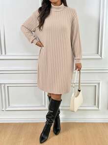 SHEIN Frenchy Plus Size Solid Color Minimalist Long Sleeve Casual Dress/Fall/Winter Ribbed Dress  Long Sleeve Dresses Sweater Dress - Apricot - View 4