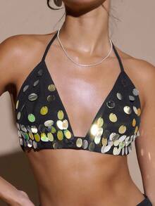 SHEIN BAE Bộ đồ nữ thời trang gồm áo hai dây hở lưng đính sequin và quần dài, hoàn hảo cho các bữa tiệc. Lý tưởng cho những buổi hẹn hò lãng mạn, đi làm, đi chơi, tiệc tối trang trọng và tiệc cocktail. Bộ vest nữ trang phục Halloween cho nữ, trang phục thu đông cho nữ - màu đen - Xem 9