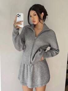 Siren Gaze Conjunto casual de 2 piezas de mujer con cárdigan de manga larga con hombros caídos y cremallera frontal, y falda midi de punto para otoño e invierno