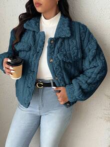 SHEIN Frenchy Plus Size Solid Color Front Button Casual Versatile Long Sleeve Jacket Autumn Winter Clothes For Women - Dark Green - View 4