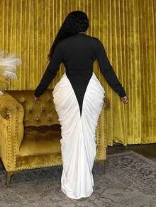 Veslaya 2025 Autumn/Winter Plus Size Women's Dress, Y2K Street Style, Elegant Ruched Colorblock Dress For School, Work, Party, Commute - Black and White - View 3