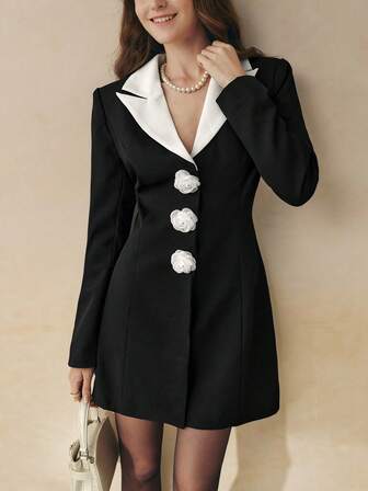 Cévolie 女式优雅通勤拼色中式领 3D 花卉短款连衣裙，秋季