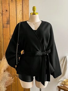 SHEIN EZwear Plus Size Solid Color Lace-Up Slim Casual Woolen Coat Black Wrap Jacket Winter Fall Autumn - Black - View 5