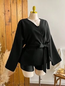 SHEIN EZwear Plus Size Solid Color Lace-Up Slim Casual Woolen Coat Black Wrap Jacket Winter Fall Autumn - Black - View 8