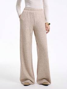 Aalyst 女士休闲、商务、居家办公优雅长裤，针织仿羊毛，及踝长度，带口袋，杏色，秋冬 - 杏色 - 查看 3