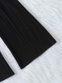 两件套少女休闲优雅斜领纯色针织长袖上衣和阔腿裤套装 - 黑色 - 查看 7