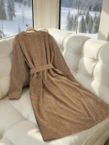 GlowEve Women's Casual Solid Color Belted Long Dress, Autumn - Brown - View 2