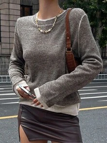 DAZY Autumn/Winter New Loose Oversized 2 In 1 Sweater, Round Neck Pullover Mohair Casual Style School - Grey - View 6